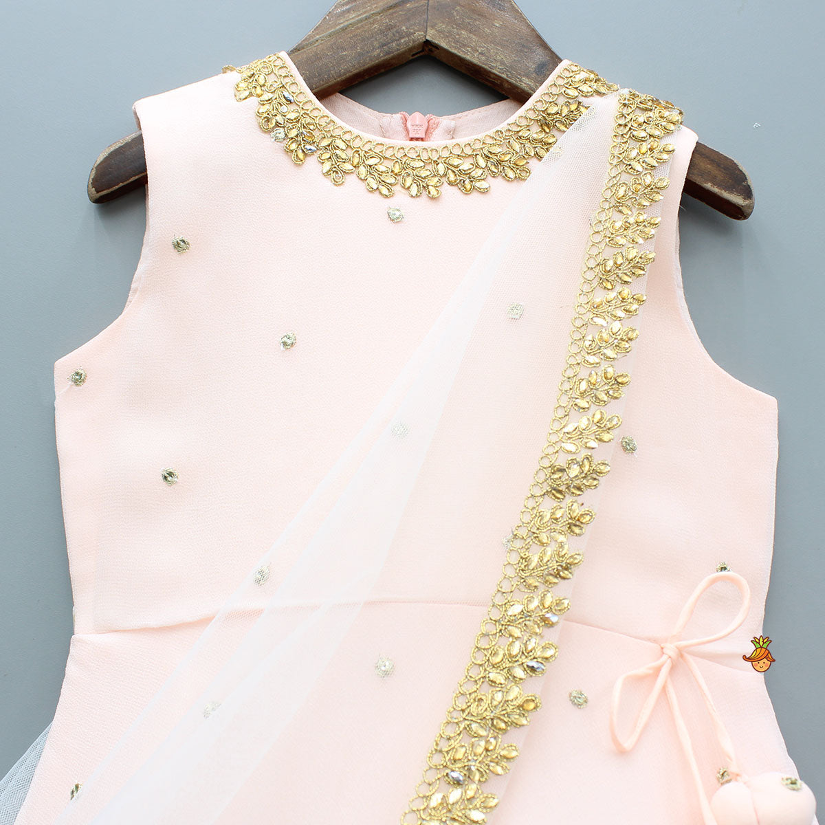 Pre Order: Peach Embroidered Gown With Draped Dupatta
