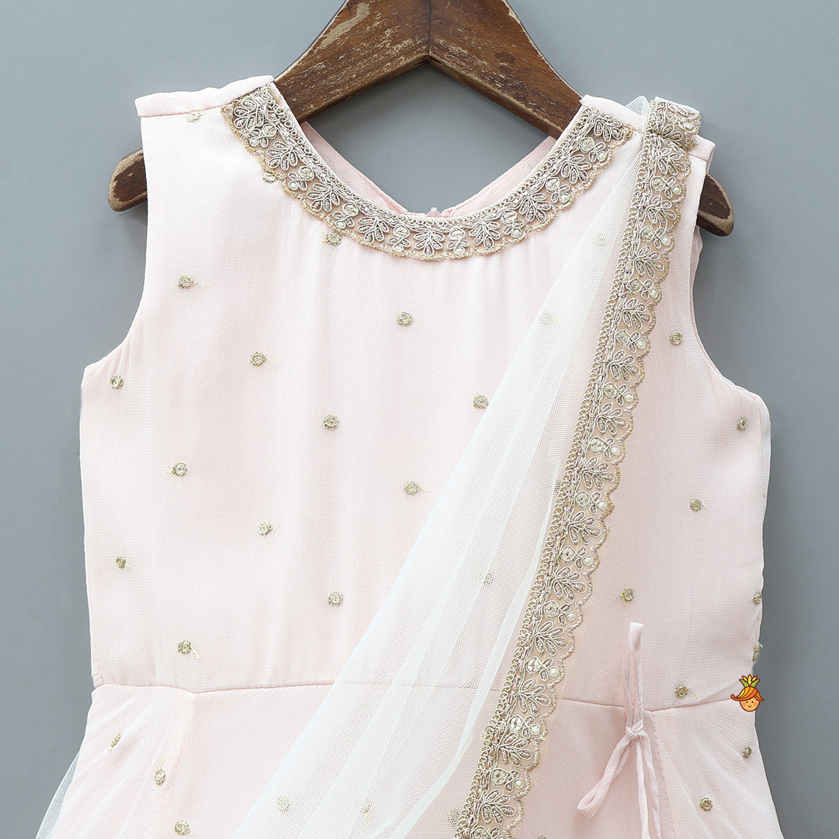 Pre Order: Peach Embroidered Gown With Draped Dupatta