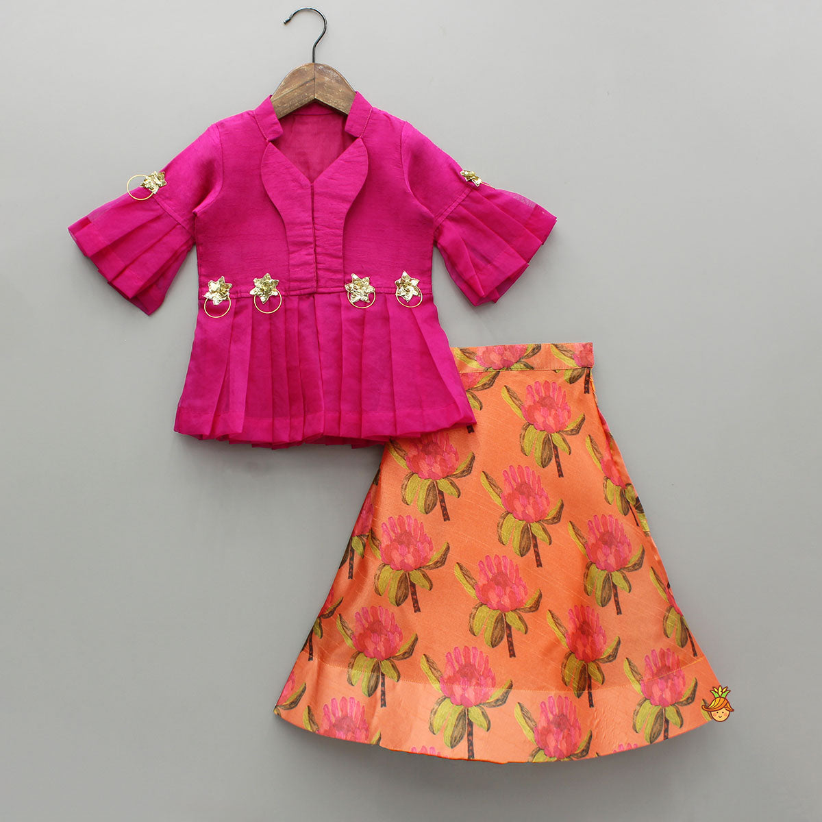Pre Order: Pink Top And Orange Floral Print Ghagra
