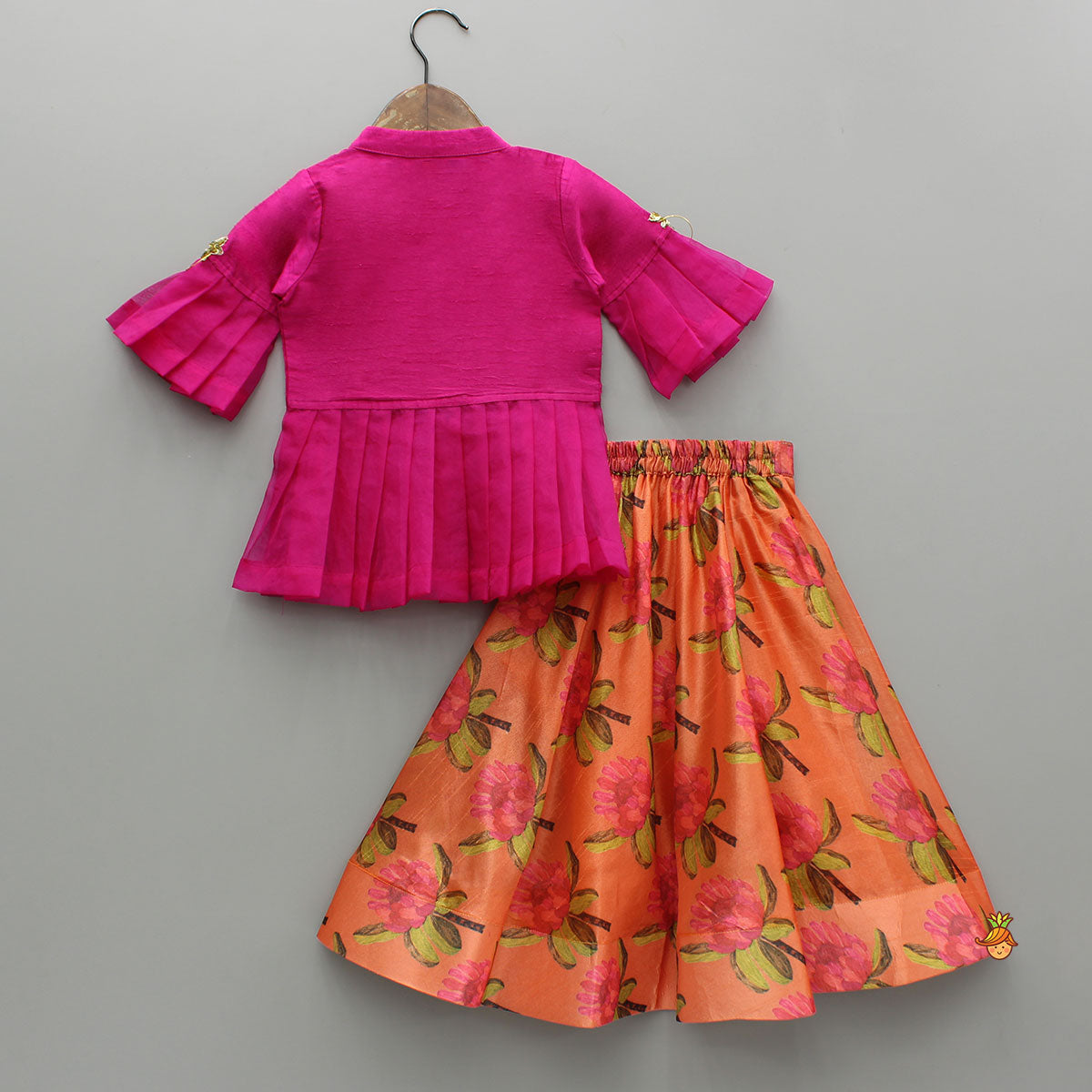 Pre Order: Pink Top And Orange Floral Print Ghagra