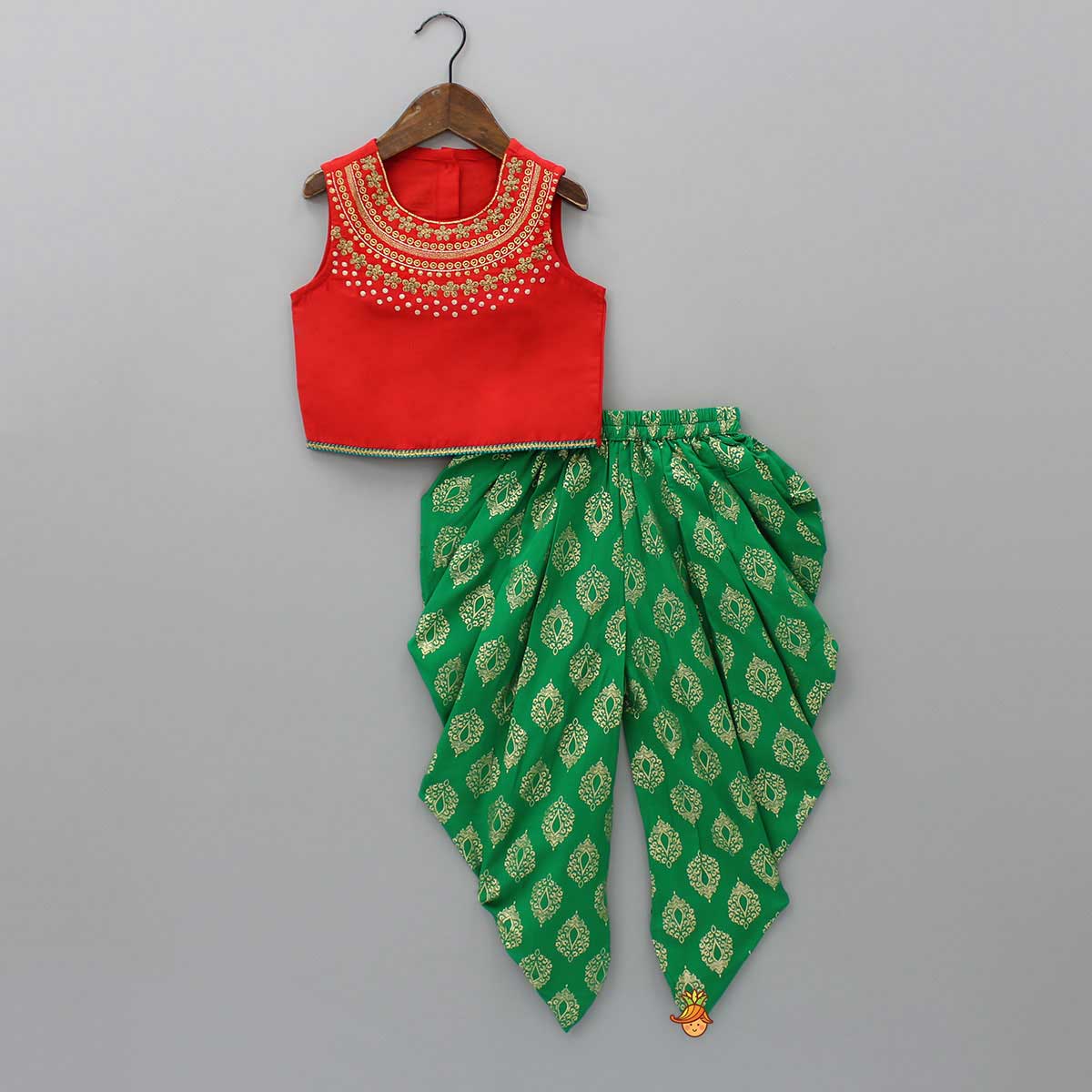 Red Top And Green Dhoti Set