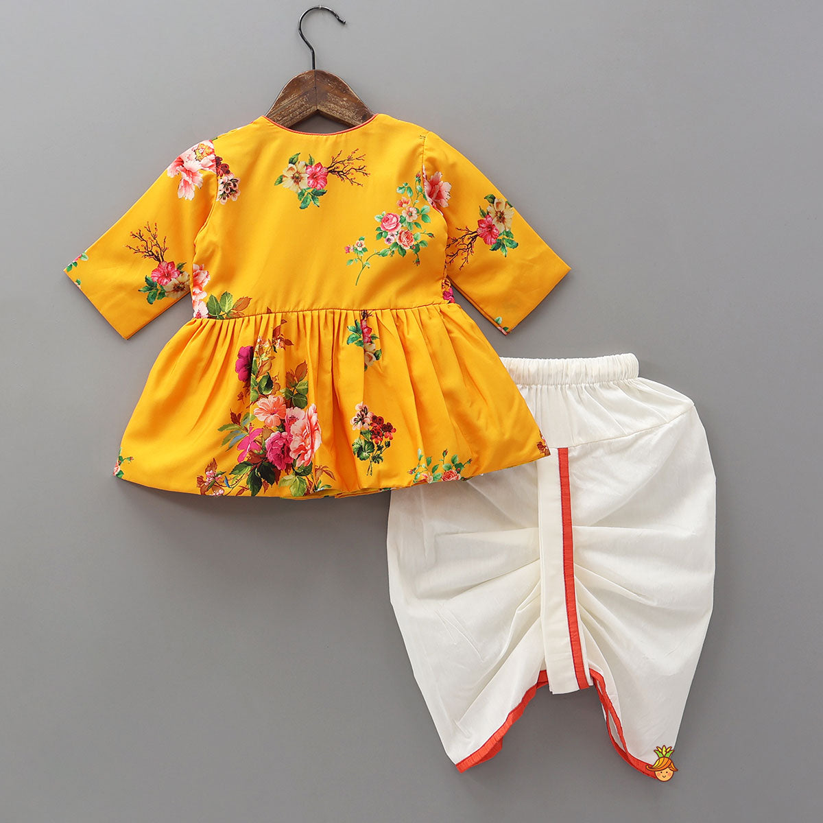 Pre Order: Floral Printed Angarkha Kurti With Dhoti And Mukut