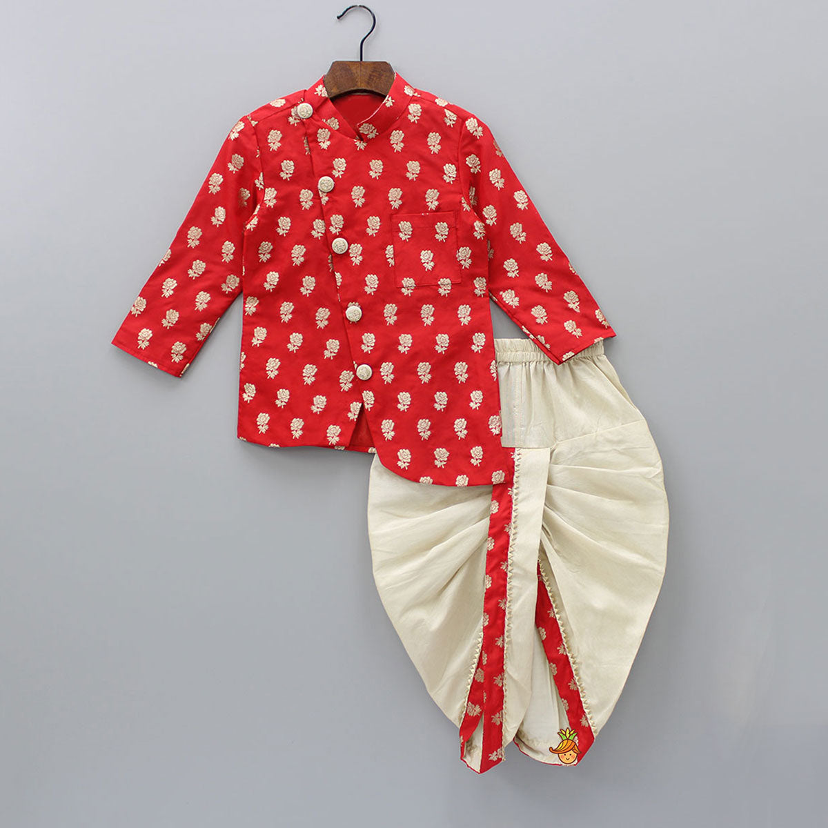Pre Order: Rose Printed Red Kurta with Dhoti
