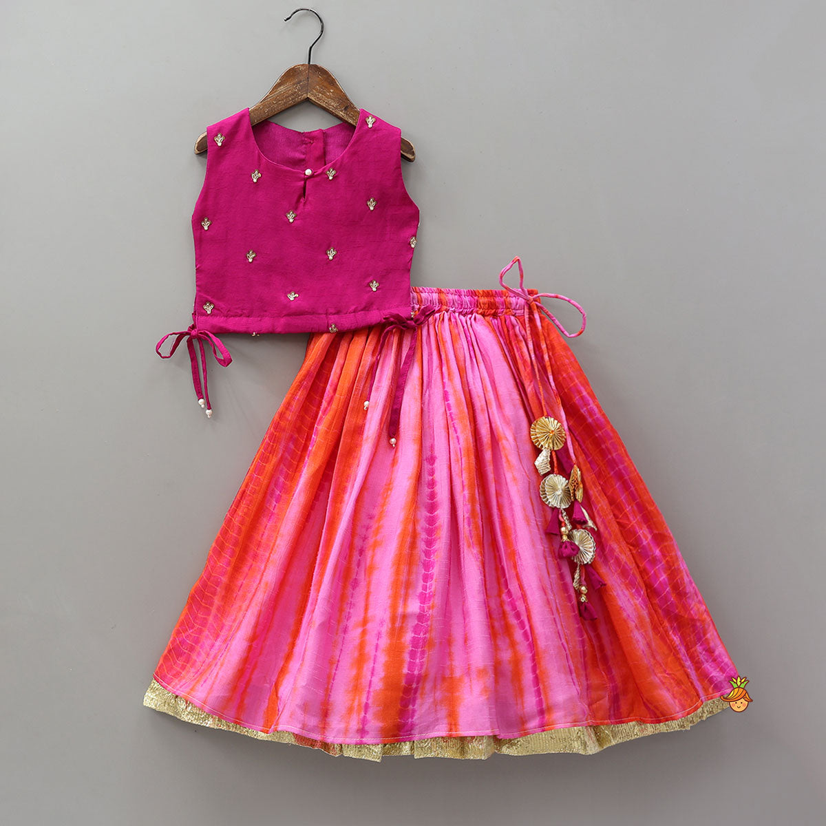 Pre Order: Sequin Work Top And Shibori Printed Lehenga