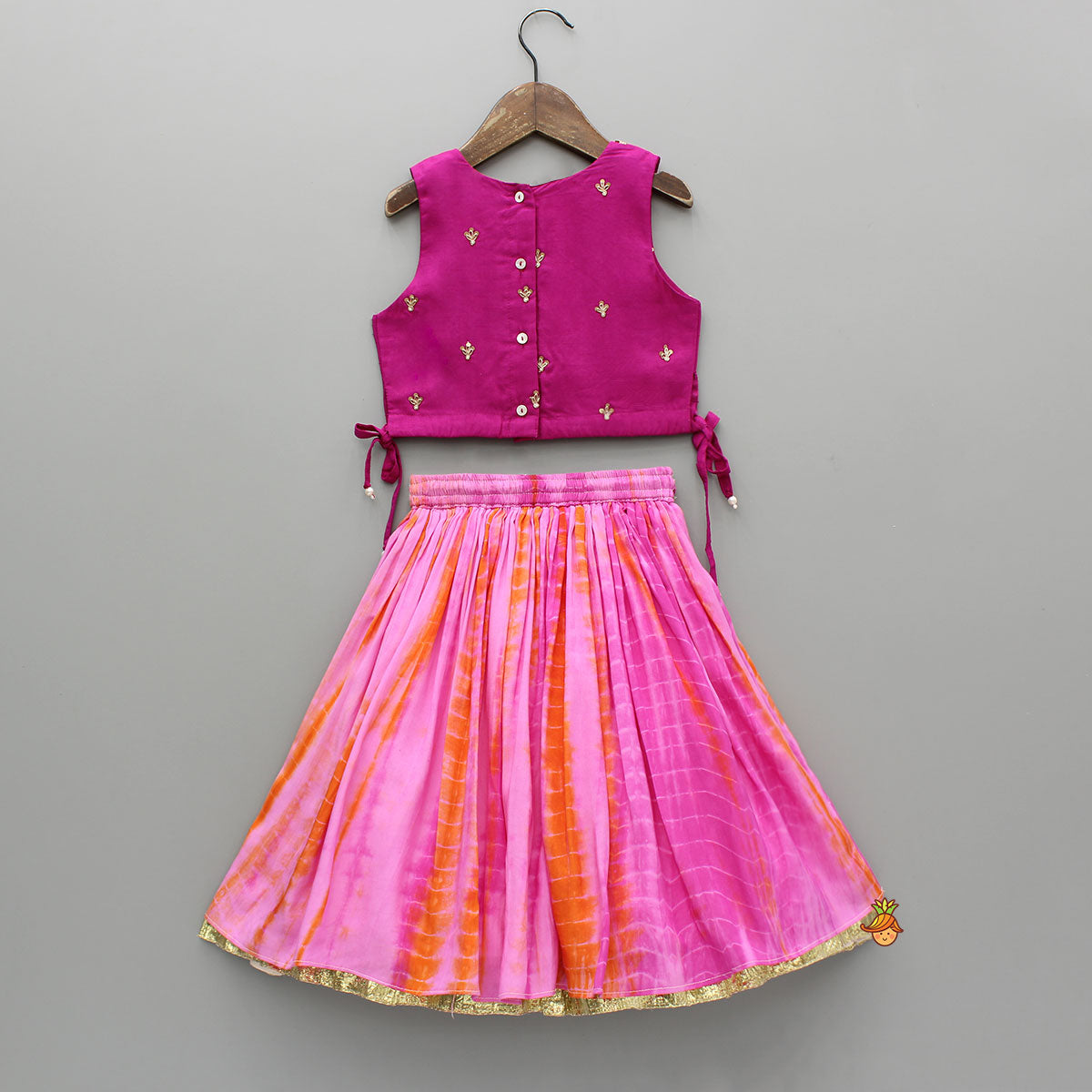 Pre Order: Sequin Work Top And Shibori Printed Lehenga