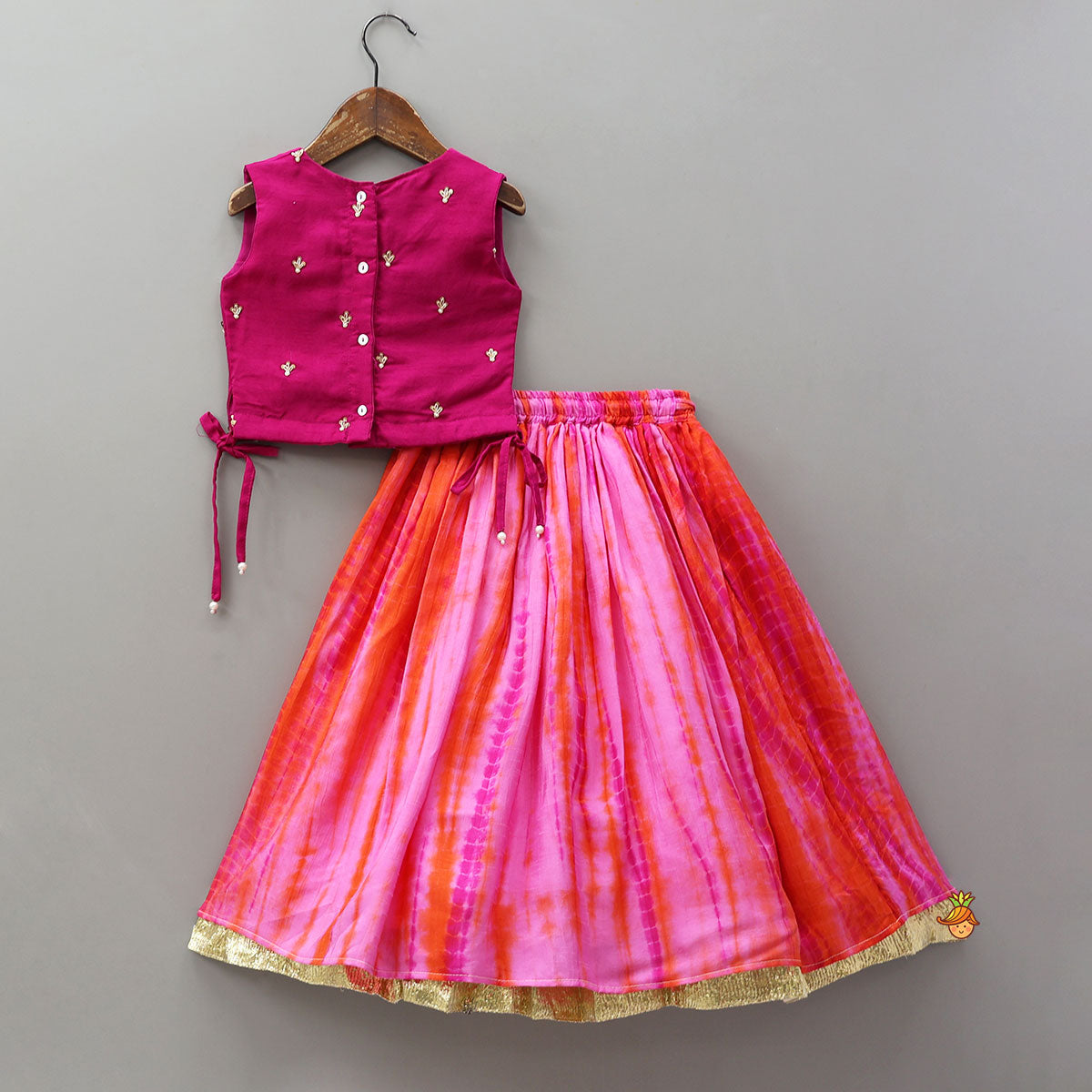 Pre Order: Sequin Work Top And Shibori Printed Lehenga