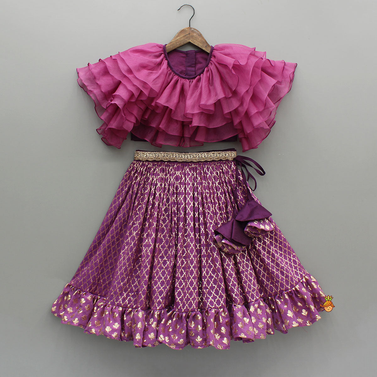 Pre Order: Frilly Layered Top With Zari Thread Work Lehenga