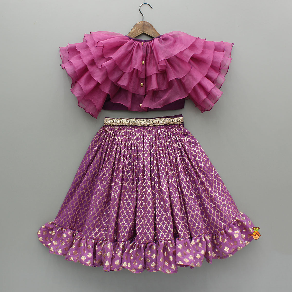 Pre Order: Frilly Layered Top With Zari Thread Work Lehenga