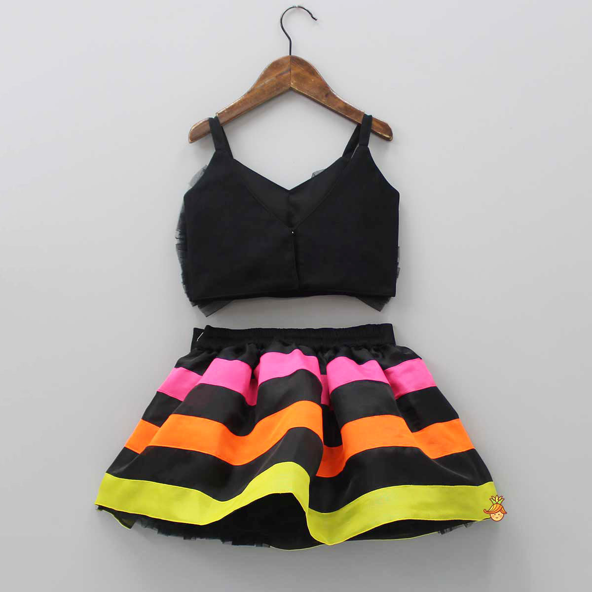 Pre Order: Black Frilly Bow Top And Multi Colour Lace Applique Skirt With Matching Pearl Work Hair Band