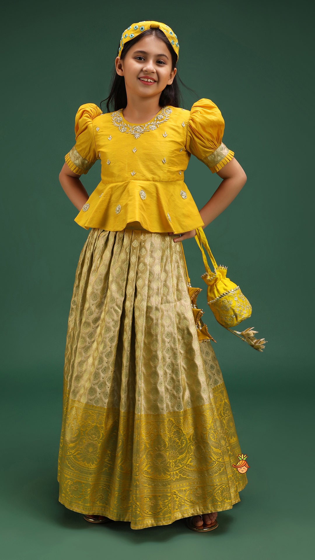 Pre Order: Beautiful Zari Floral Work And Puff Sleeves Peplum Top With Banarasi Brocade Embroidered Lehenga