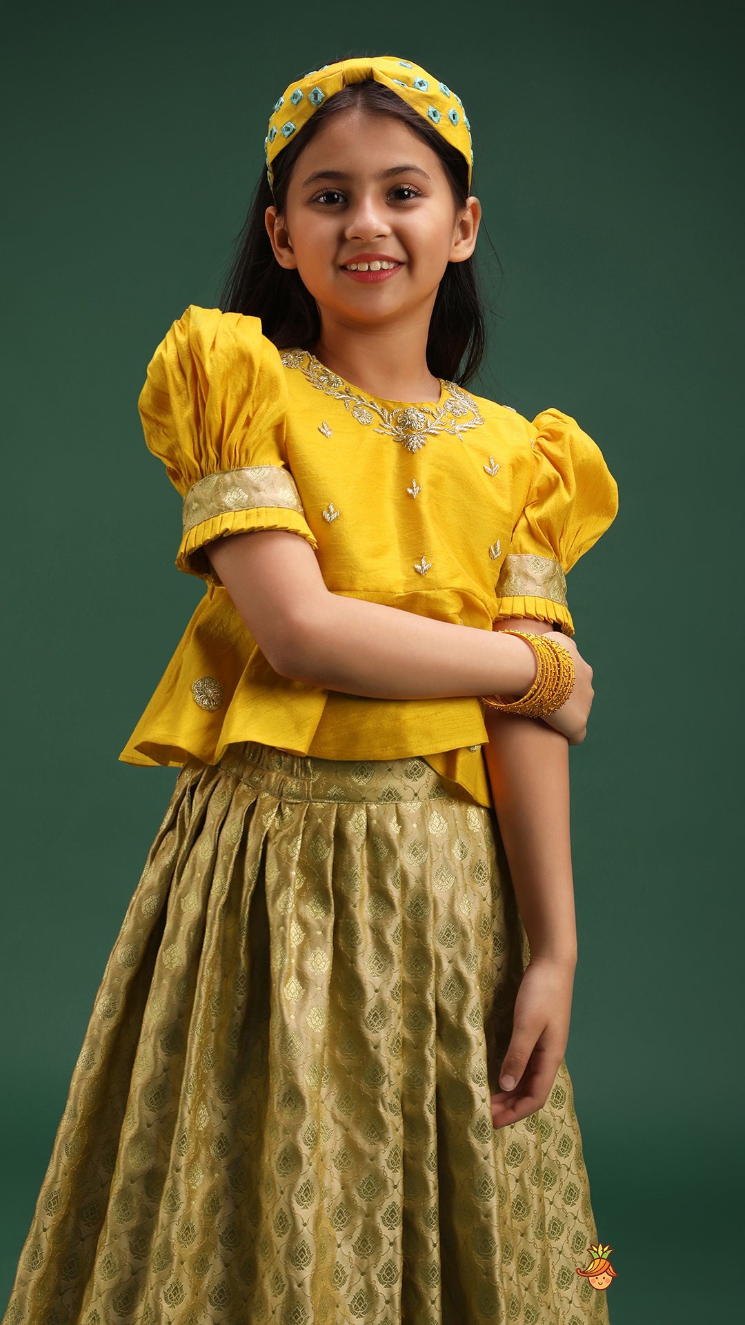 Pre Order: Beautiful Zari Floral Work And Puff Sleeves Peplum Top With Banarasi Brocade Embroidered Lehenga