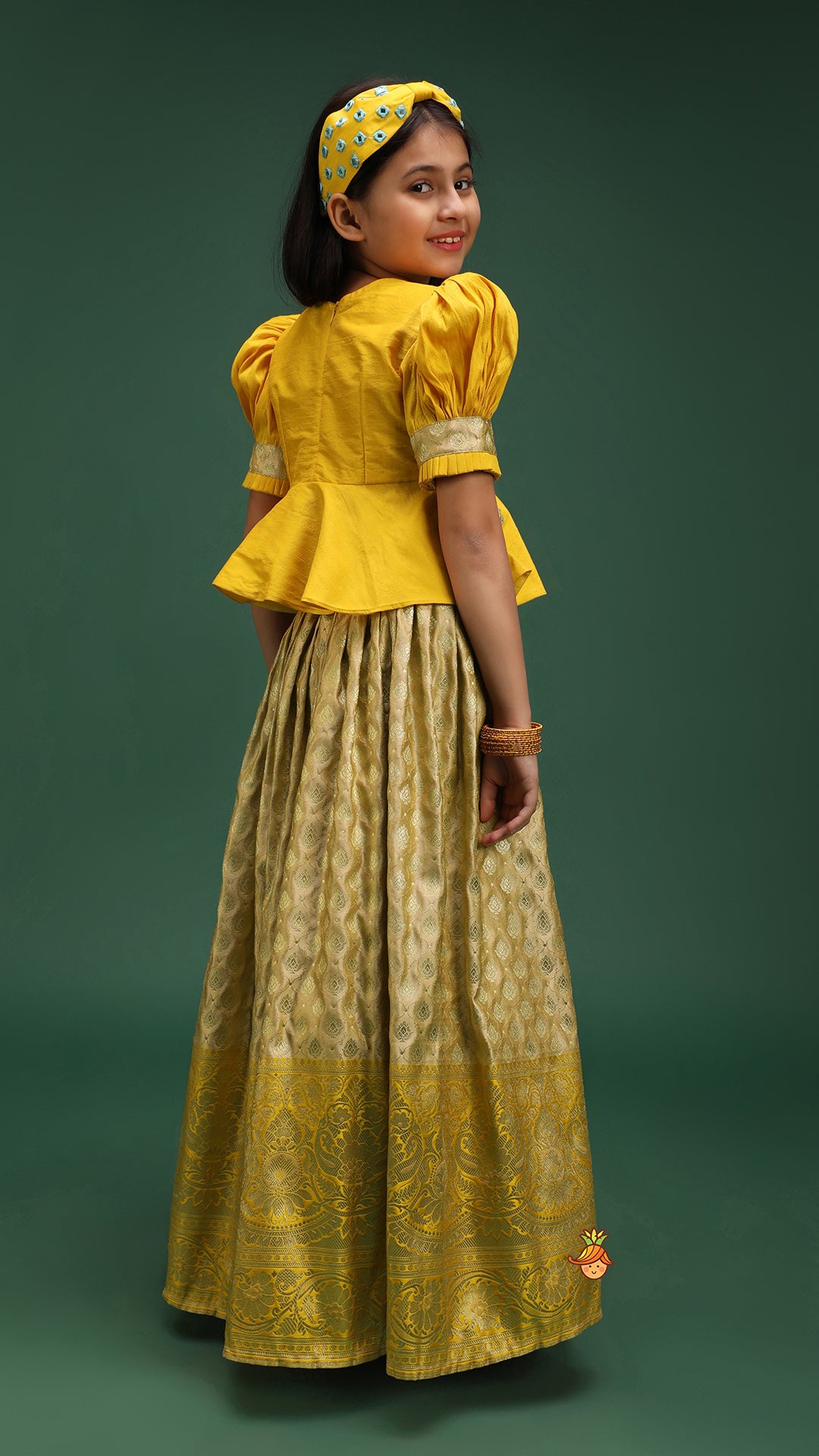 Pre Order: Beautiful Zari Floral Work And Puff Sleeves Peplum Top With Banarasi Brocade Embroidered Lehenga