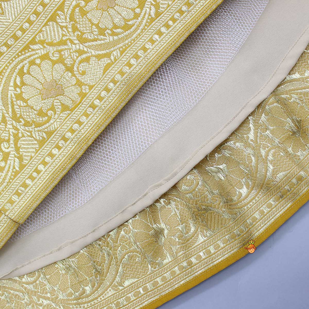 Pre Order: Beautiful Zari Floral Work And Puff Sleeves Peplum Top With Banarasi Brocade Embroidered Lehenga