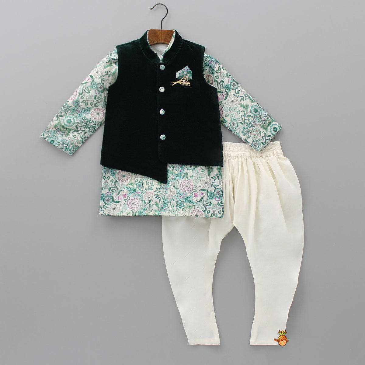 Pre Order: Green Velvet Jacket With Floral Printed Kurta And Churidar