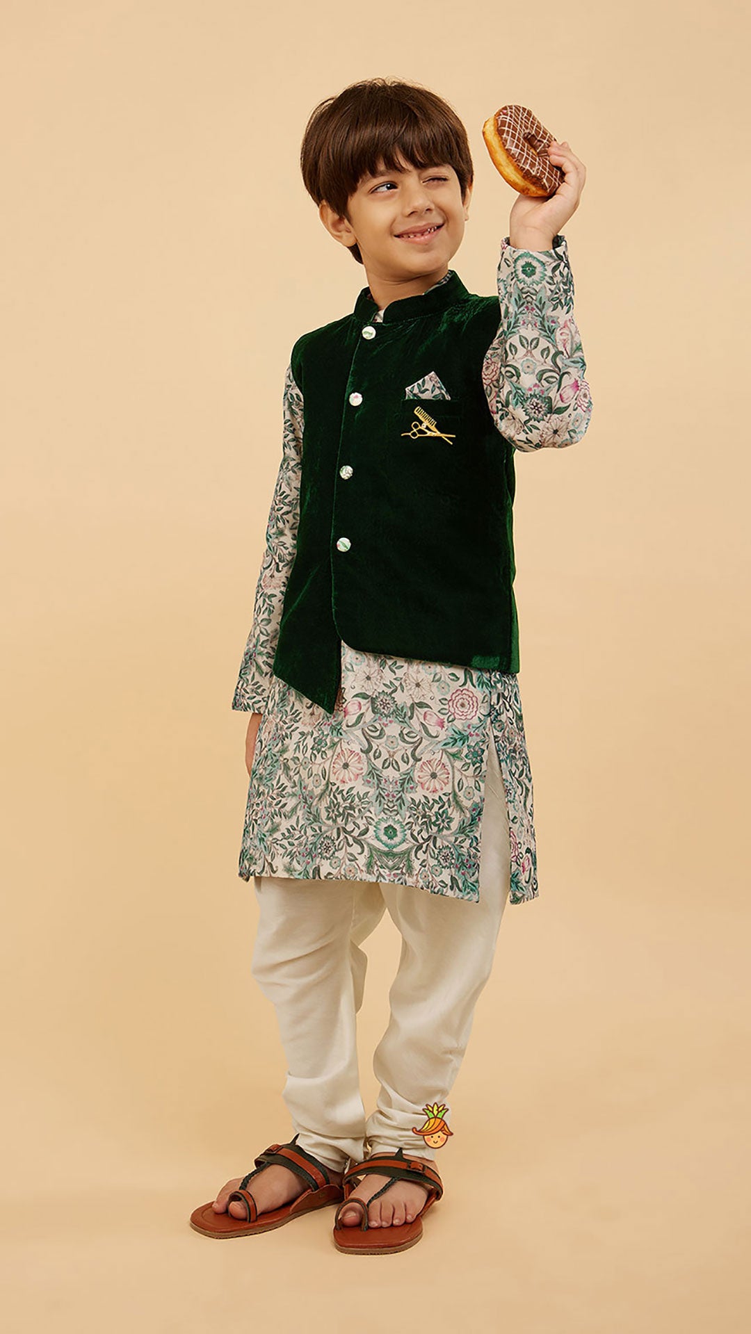 Pre Order: Green Velvet Jacket With Floral Printed Kurta And Churidar