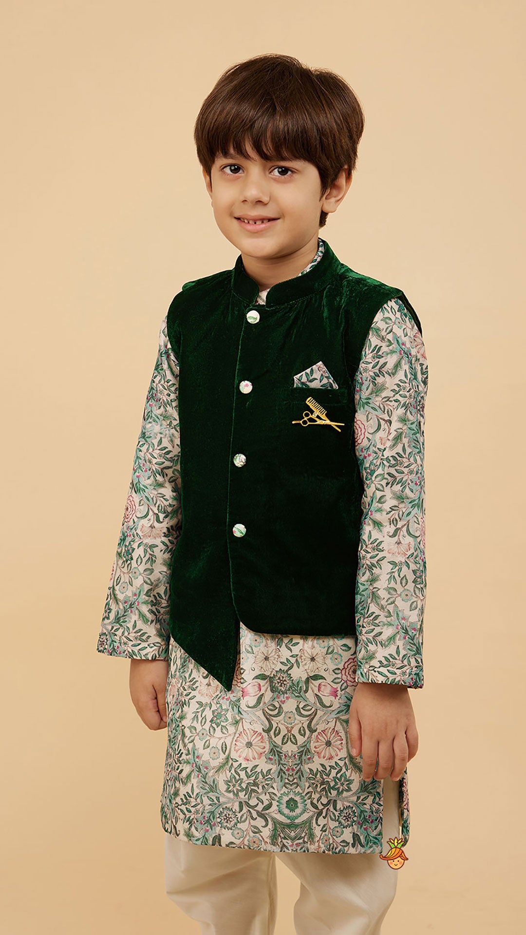 Pre Order: Green Velvet Jacket With Floral Printed Kurta And Churidar
