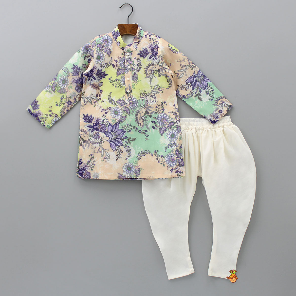 Pre Order: Floral Printed Peach Kurta And Churidar