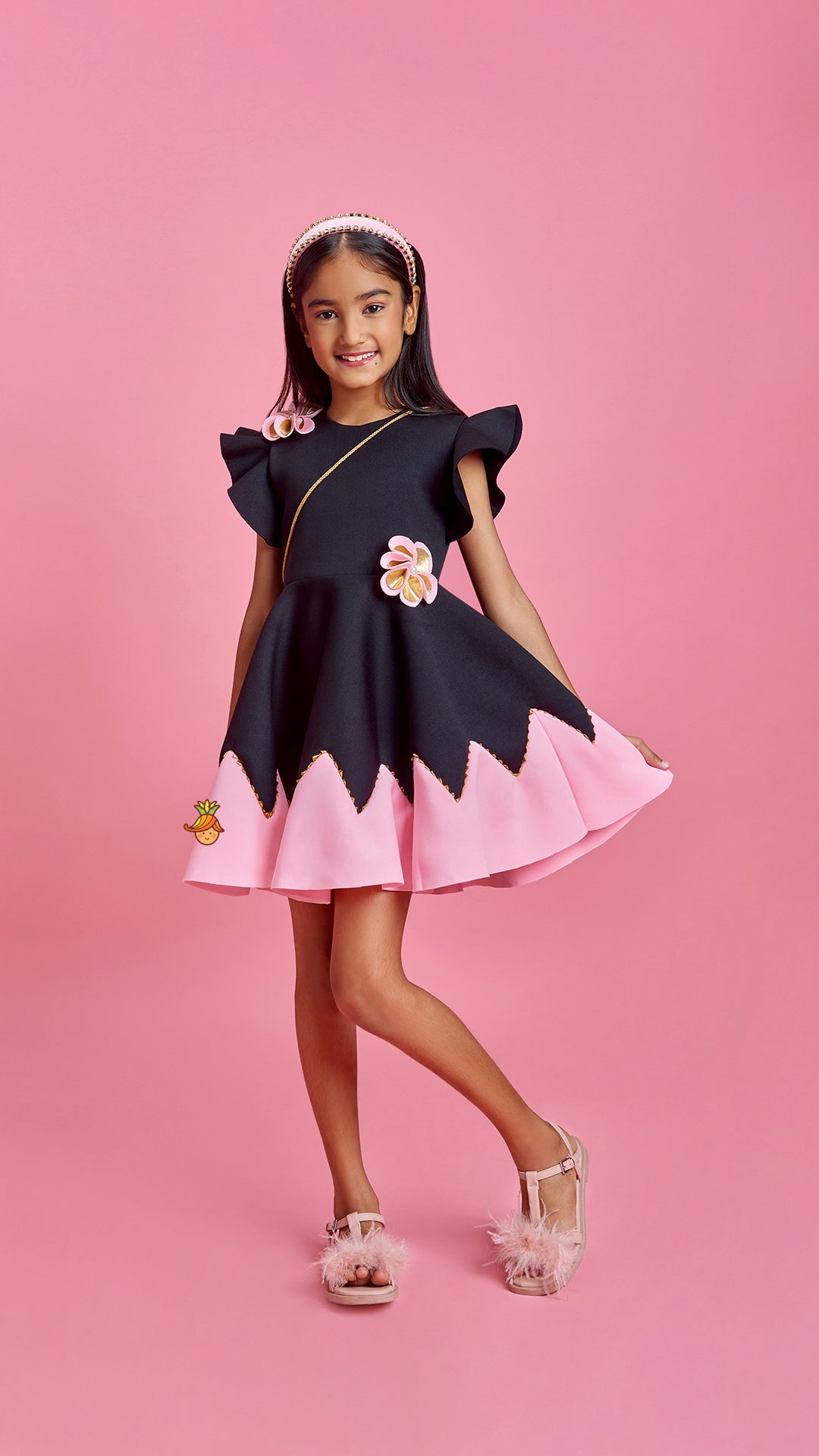 Pre Order: Flower Embellished Black Dress With Sling Bag