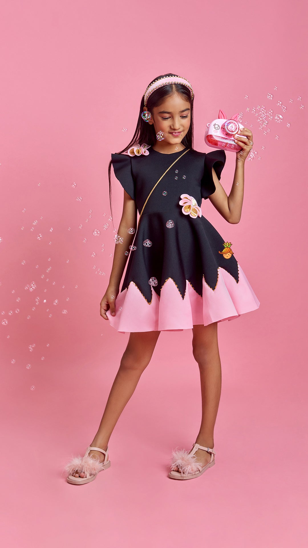 Pre Order: Flower Embellished Black Dress With Sling Bag