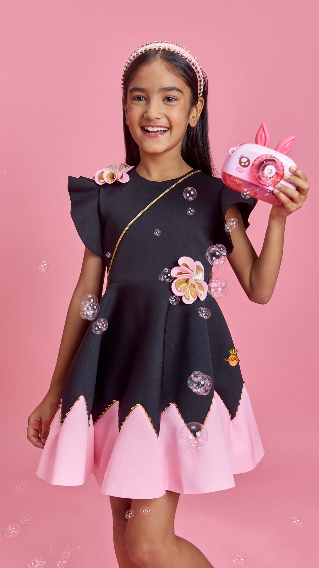 Pre Order: Flower Embellished Black Dress With Sling Bag