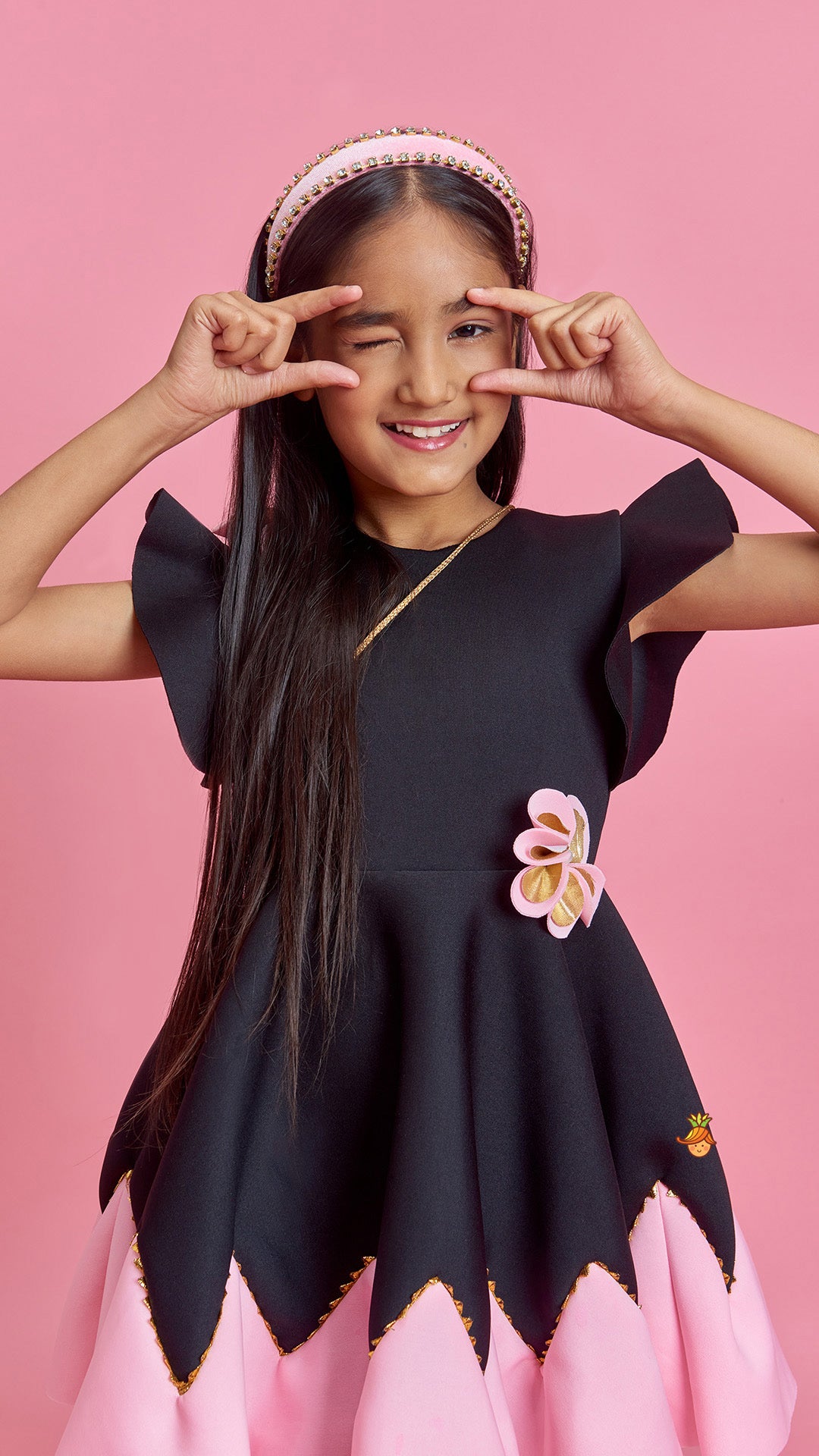 Pre Order: Flower Embellished Black Dress With Sling Bag