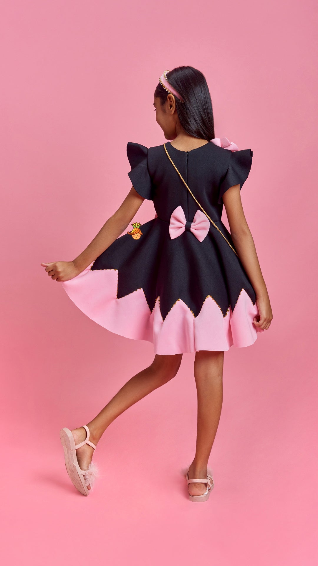 Pre Order: Flower Embellished Black Dress With Sling Bag