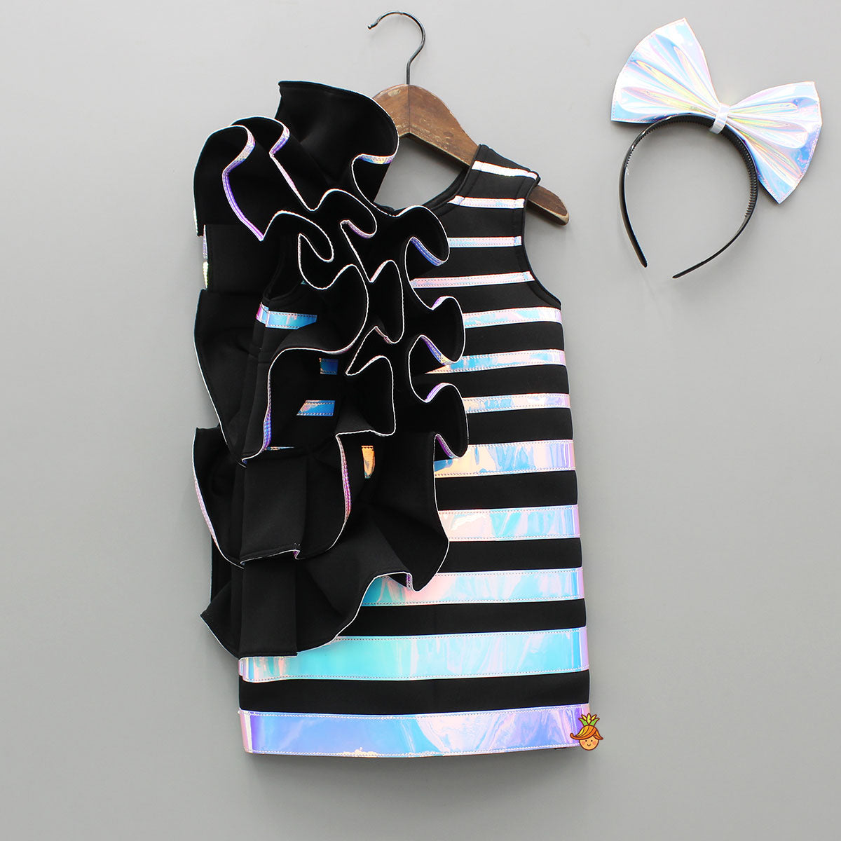 Pre Order: Black Holographic Ruffle Dress With Bow Hair band