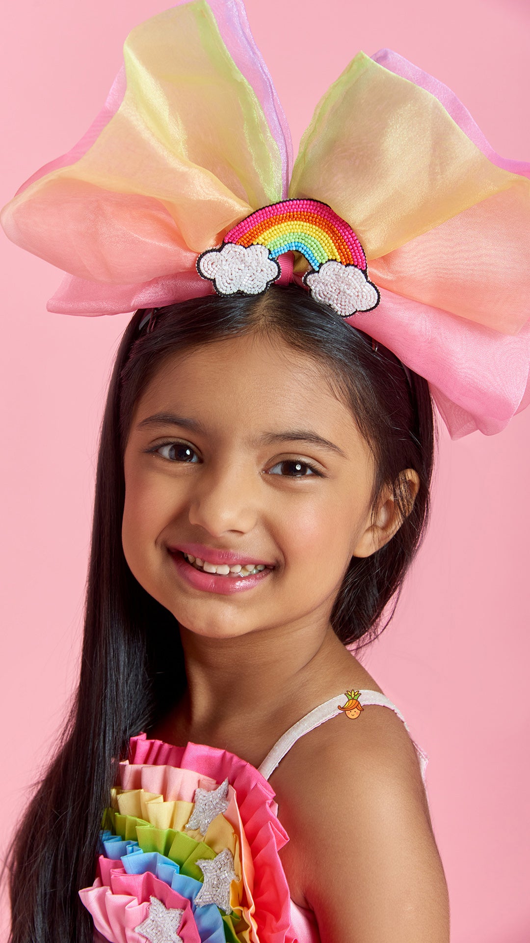 Multicolour Shaded Rainbow Theme Ruffled Shimmery Dress With Hair Band