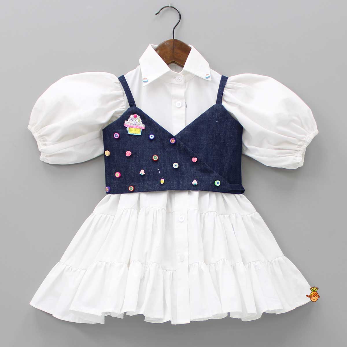 Pre Order: White Shirt Style Tiered Dress With Denim Top And Cap