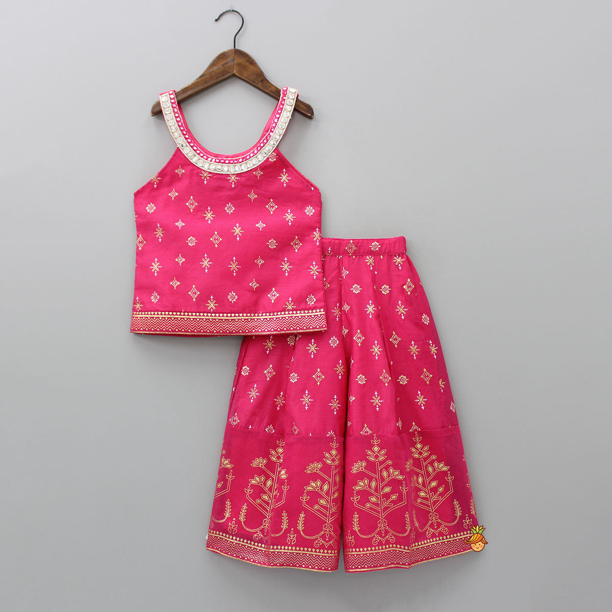 Foil Printed And Abhla Work Stylish Top With Box Pleated Palazzo