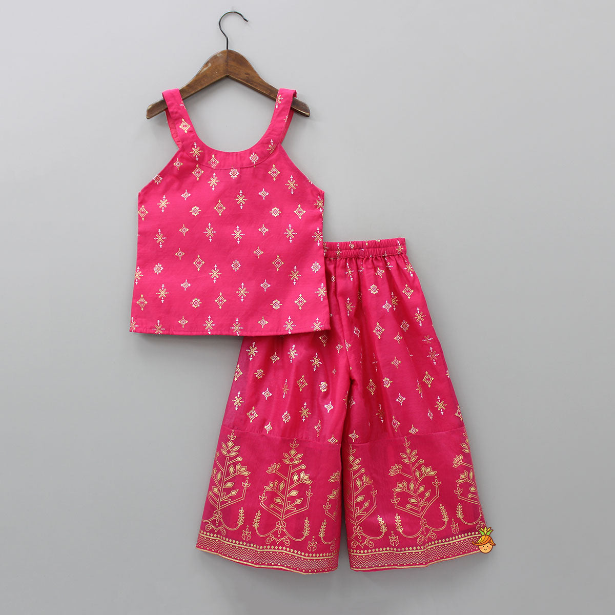 Foil Printed And Abhla Work Stylish Top With Box Pleated Palazzo