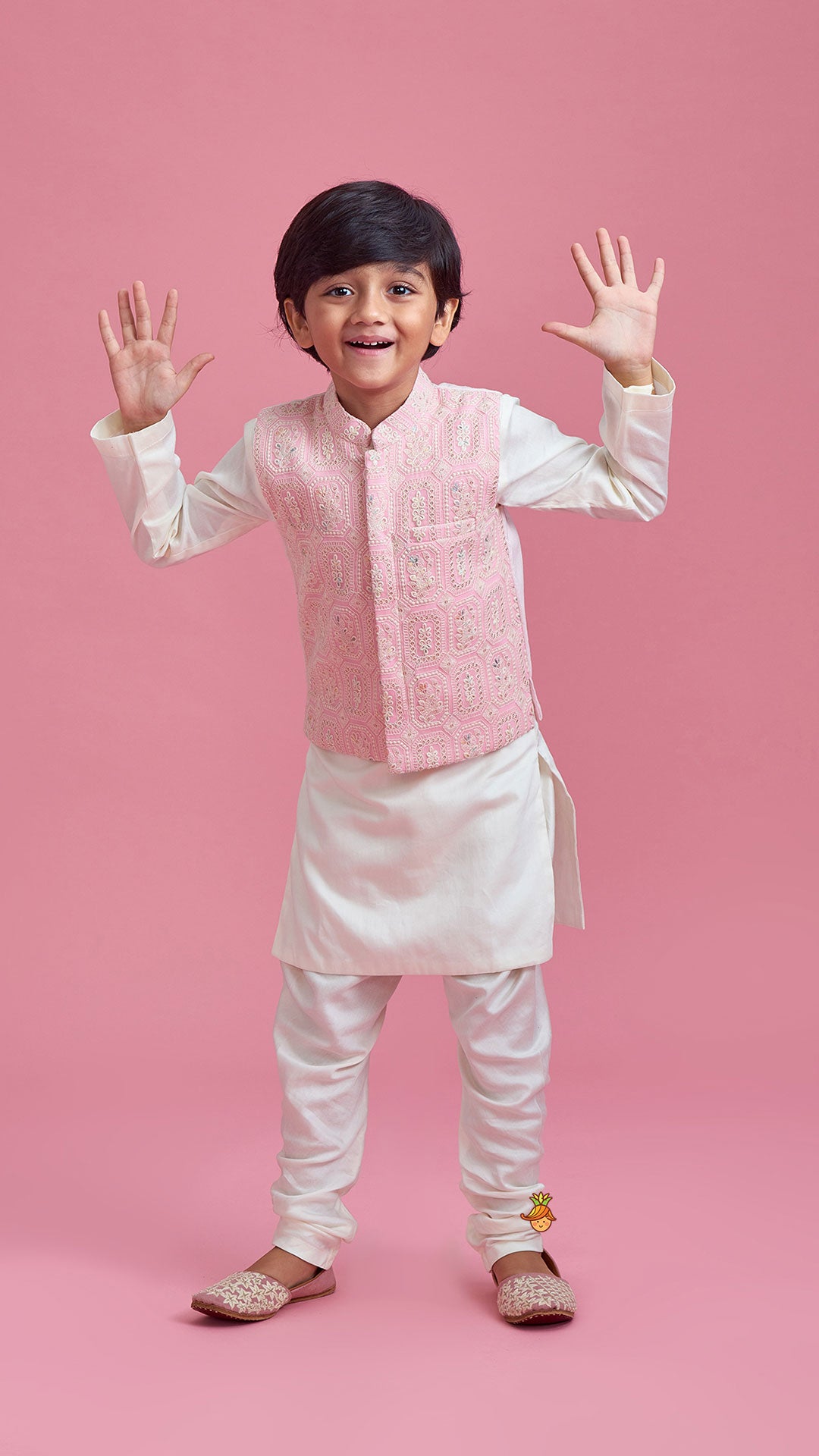 Pre Order: Off White Kurta And Churidar With Pink Chikankari Embroidered Jacket