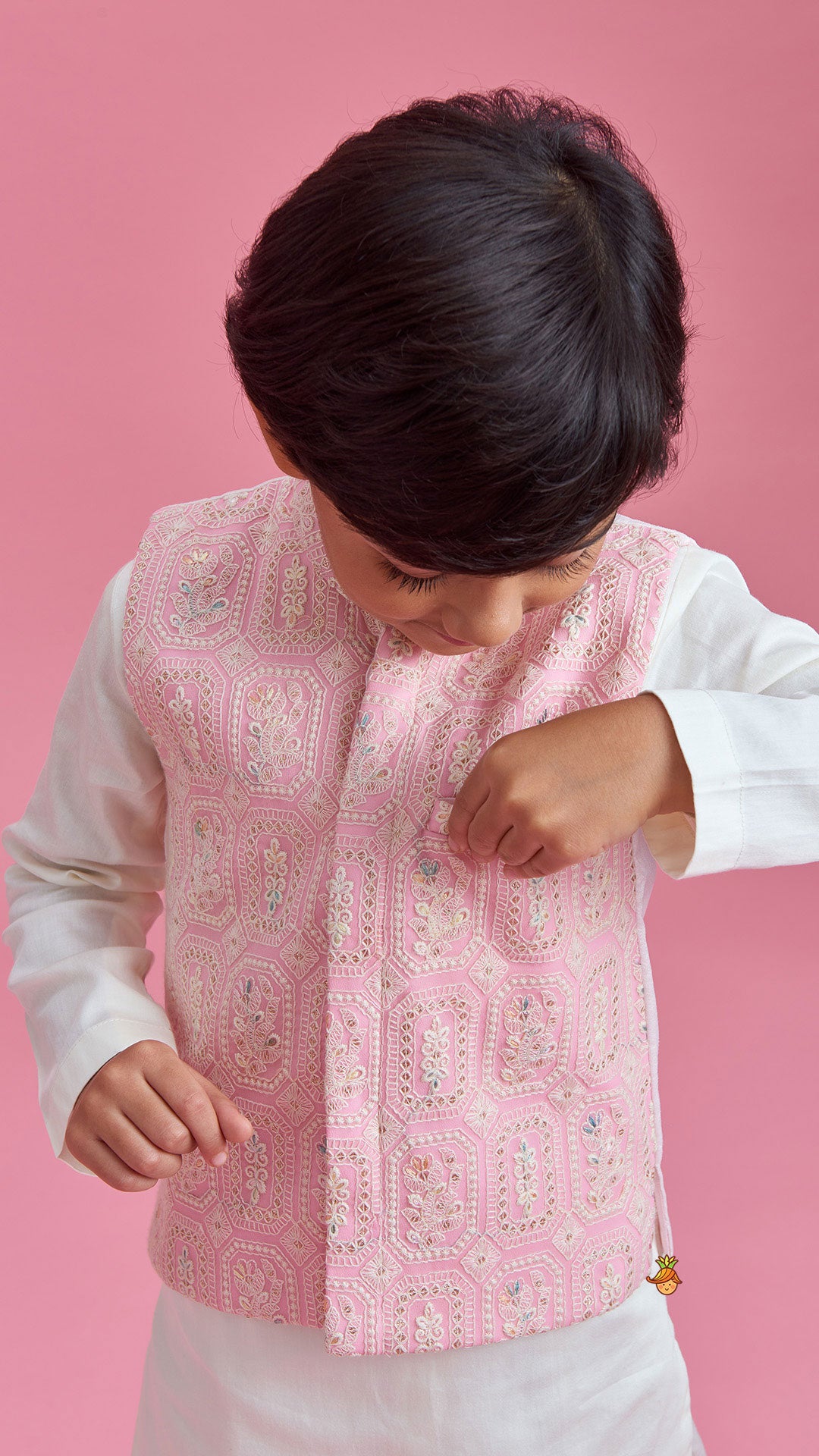 Pre Order: Off White Kurta And Churidar With Pink Chikankari Embroidered Jacket