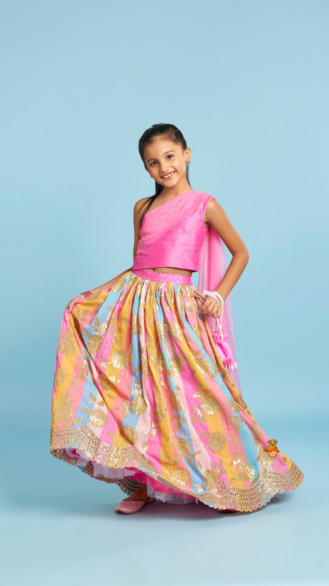 Pre Order: Pink One Shoulder Drape Style Top With Multicolour Sequins Embellished Lehenga
