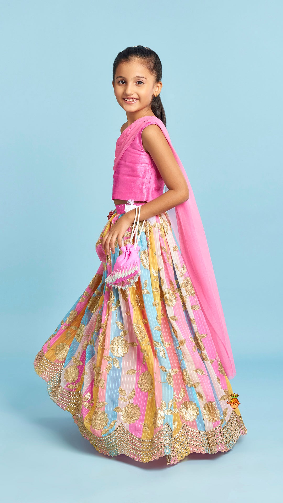 Pre Order: Pink One Shoulder Drape Style Top With Multicolour Sequins Embellished Lehenga