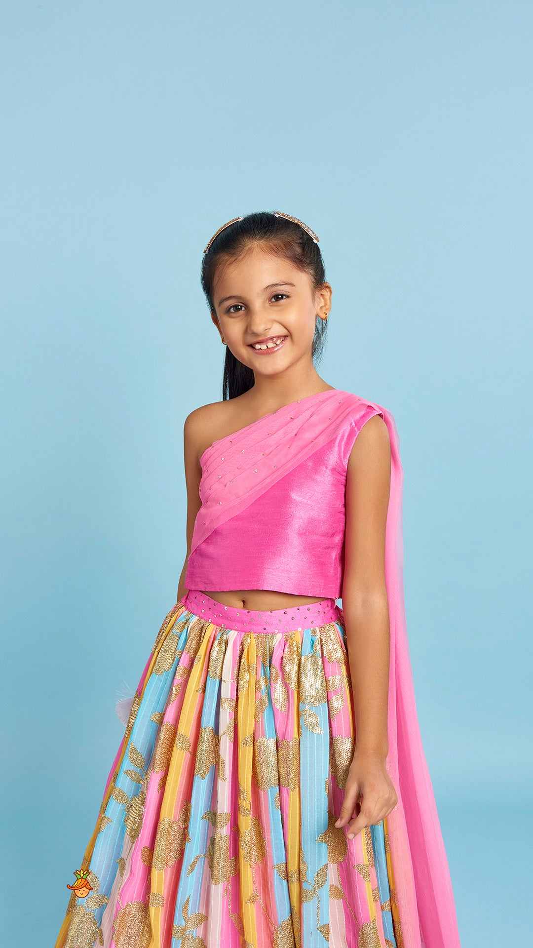 Pre Order: Pink One Shoulder Drape Style Top With Multicolour Sequins Embellished Lehenga