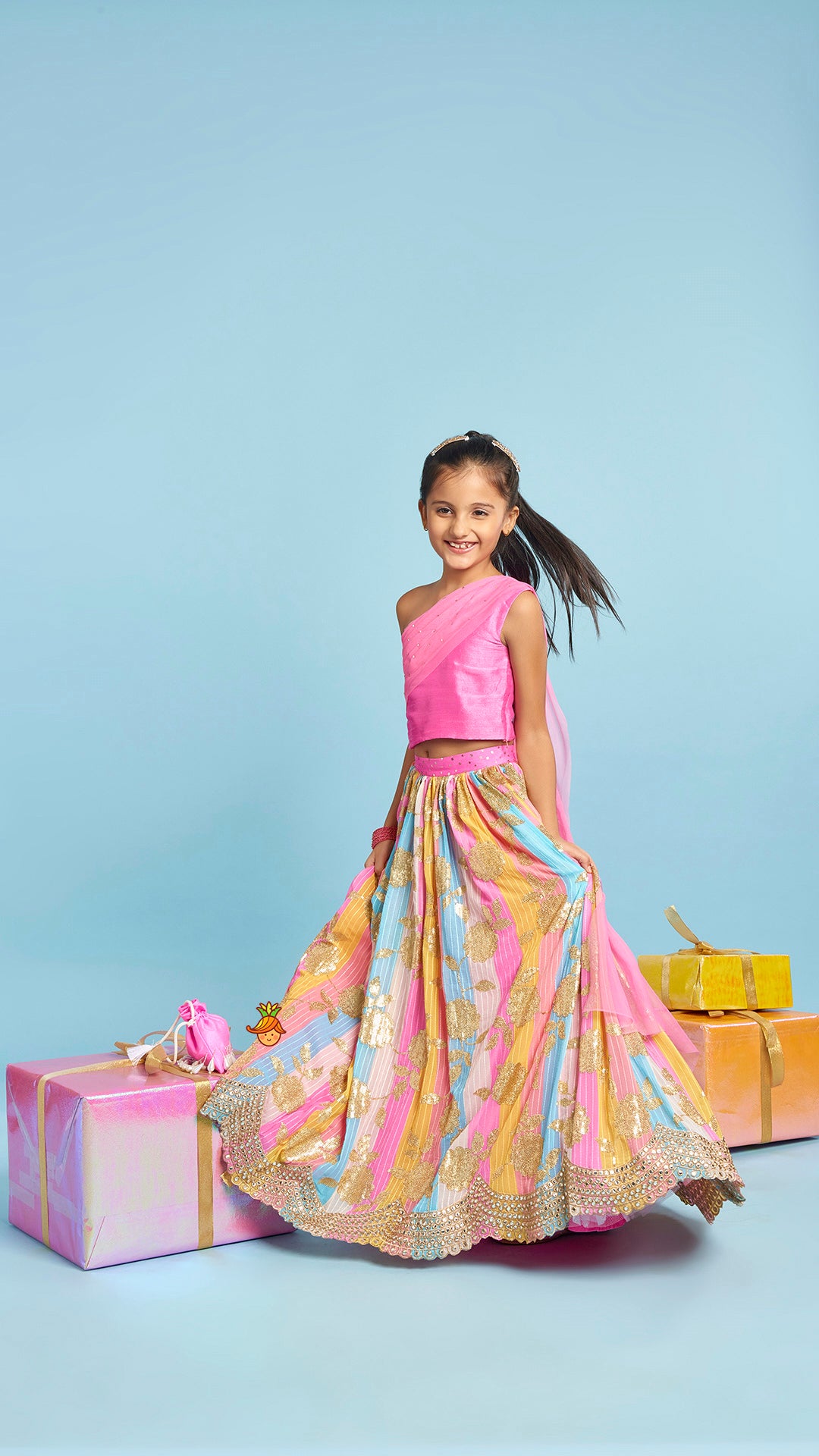 Pre Order: Pink One Shoulder Drape Style Top With Multicolour Sequins Embellished Lehenga
