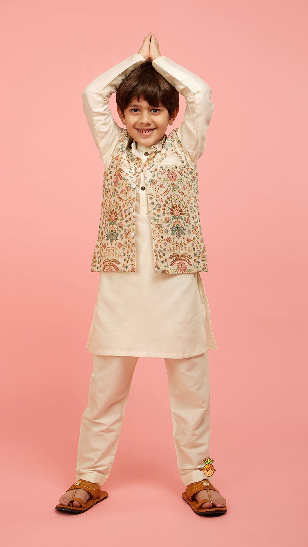 Pre Order: Floral Printed Golden Thread Work Jacket With Off White Kurta And Pyjama