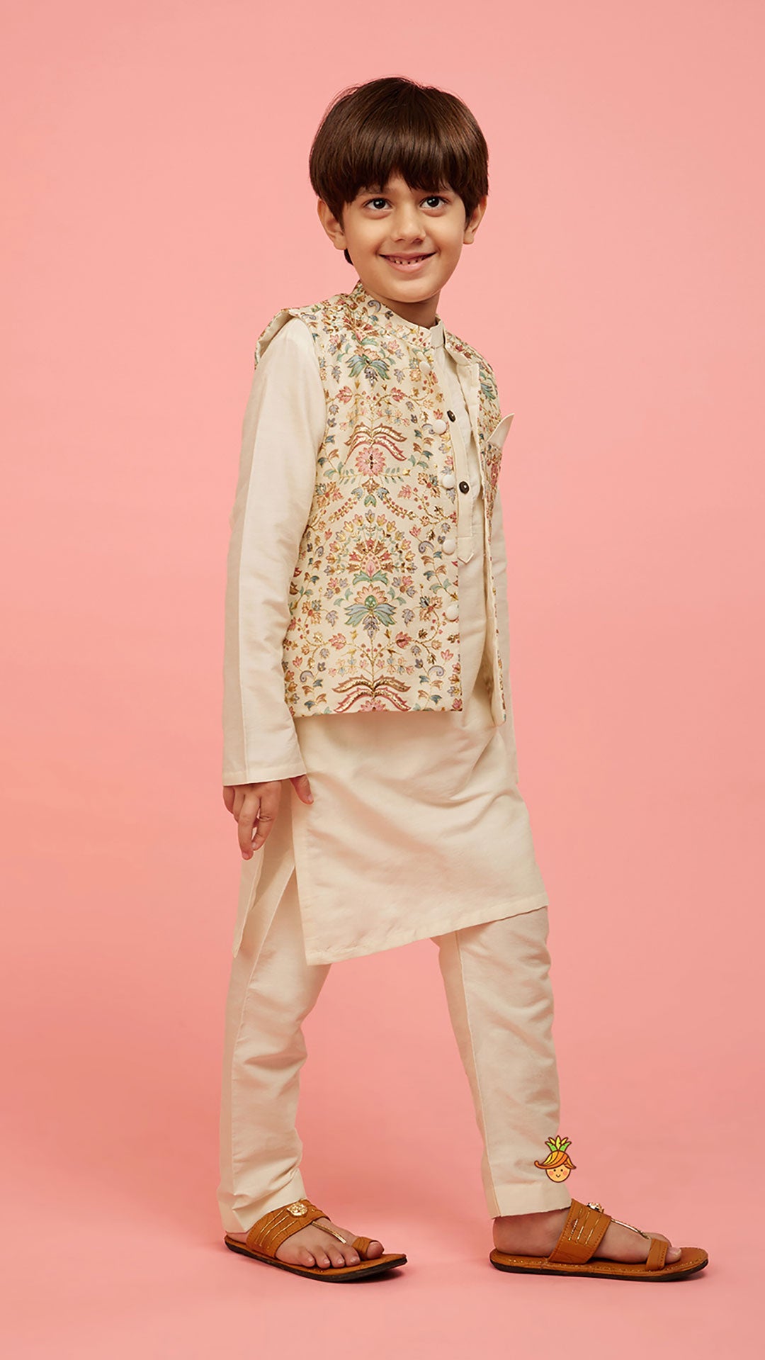 Pre Order: Floral Printed Golden Thread Work Jacket With Off White Kurta And Pyjama