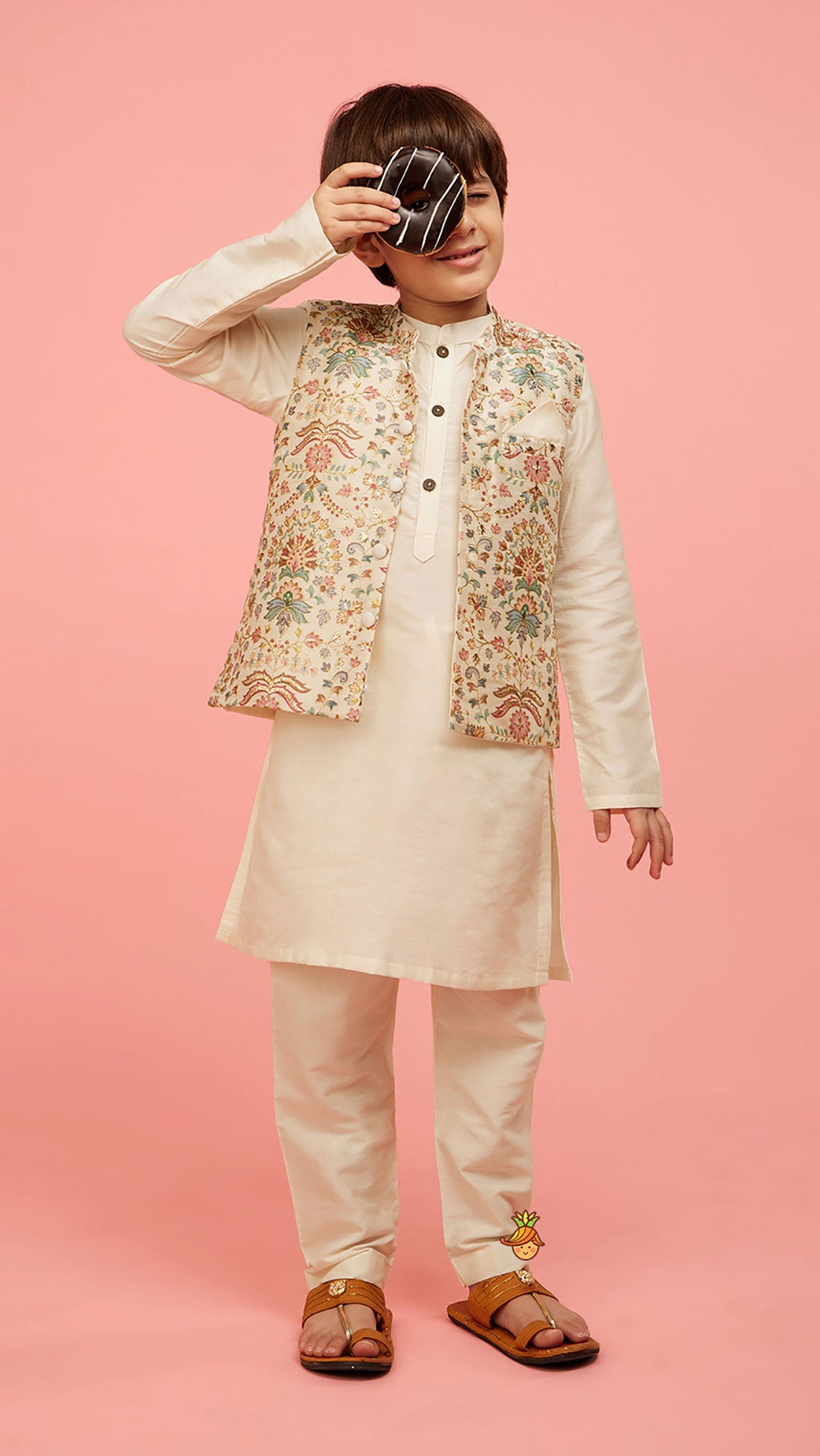 Pre Order: Floral Printed Golden Thread Work Jacket With Off White Kurta And Pyjama