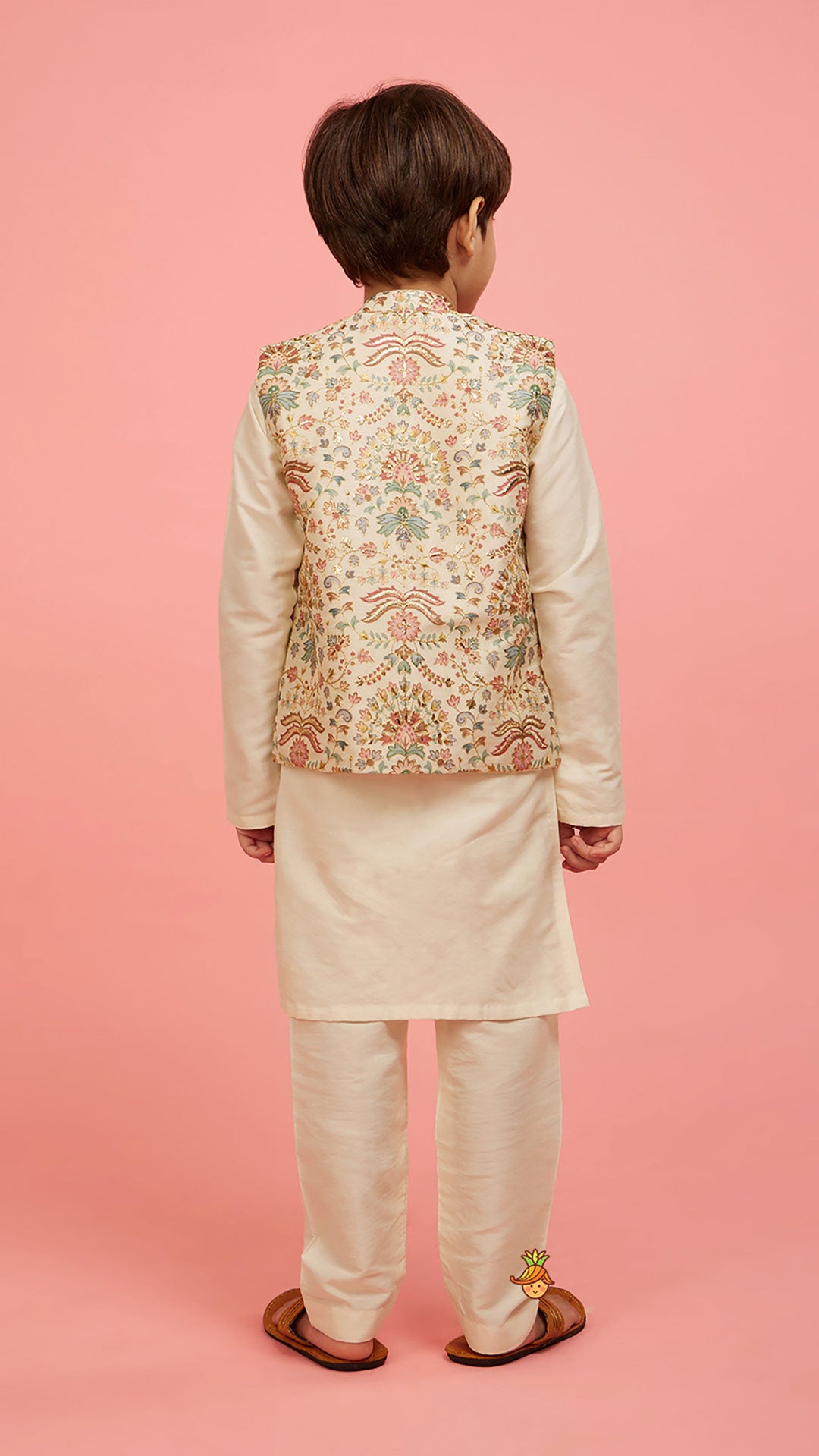 Pre Order: Floral Printed Golden Thread Work Jacket With Off White Kurta And Pyjama