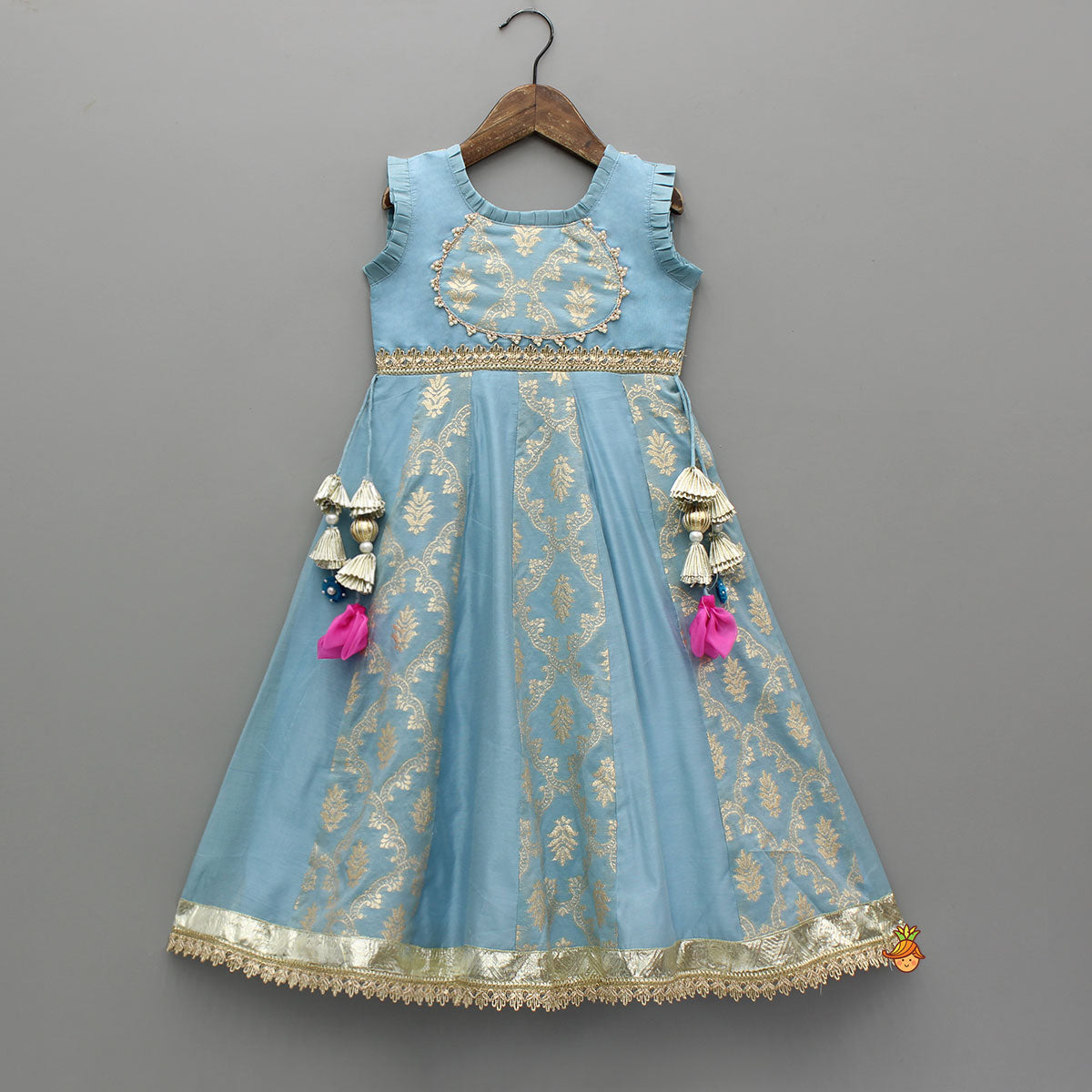 Pre Order: Zari Brocade Embroidered Lace Work Dress With Attached Drape Dupatta