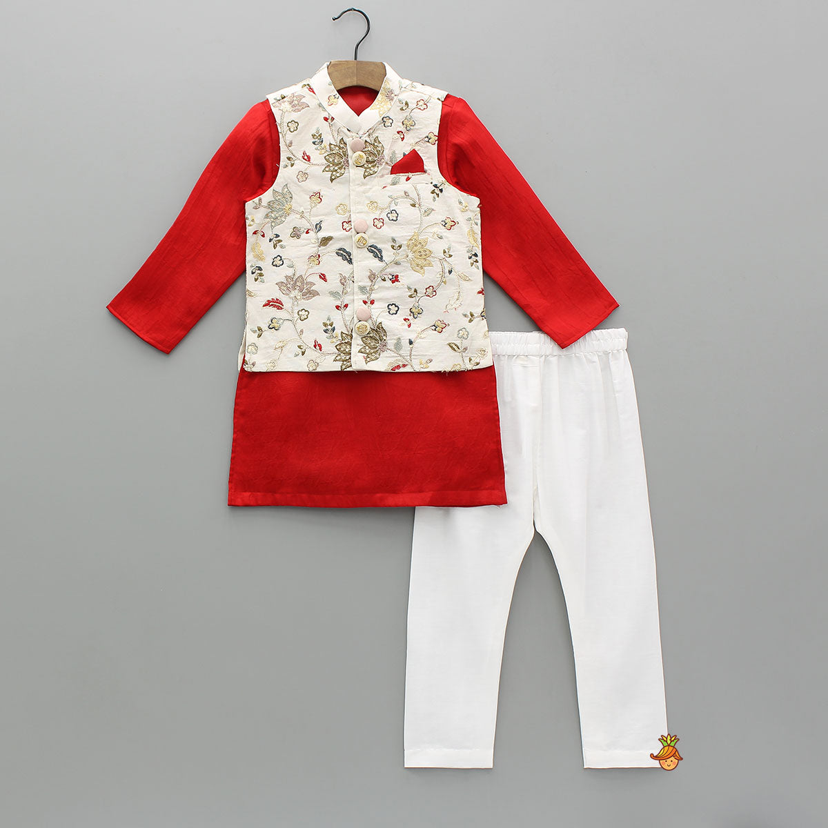 Pre Order: Red Kurta With Off White Floral And Sequins Embroidered Jacket And Pyjama