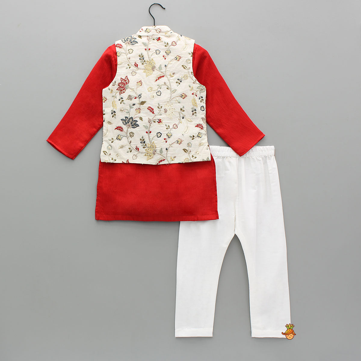 Pre Order: Red Kurta With Off White Floral And Sequins Embroidered Jacket And Pyjama