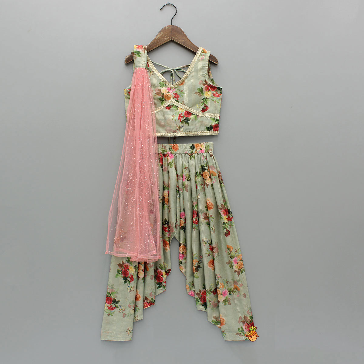 Zari Sequined Floral Printed Sage Green Top And Lurex Striped Patiala With Sparkling Dupatta