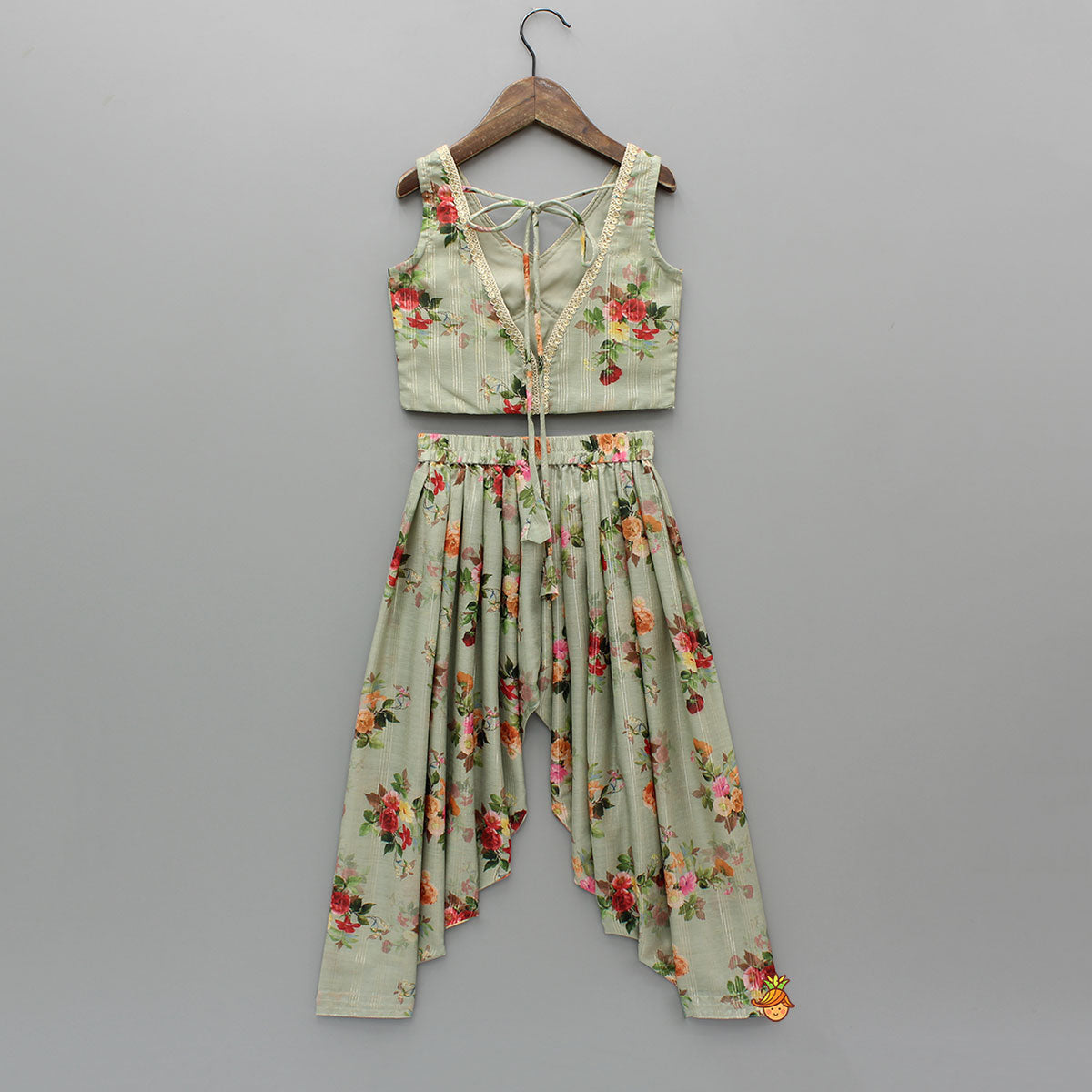 Zari Sequined Floral Printed Sage Green Top And Lurex Striped Patiala With Sparkling Dupatta