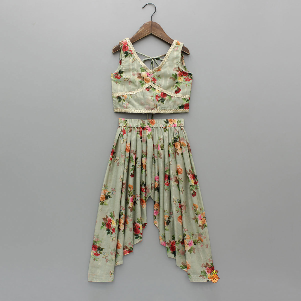 Zari Sequined Floral Printed Sage Green Top And Lurex Striped Patiala With Sparkling Dupatta