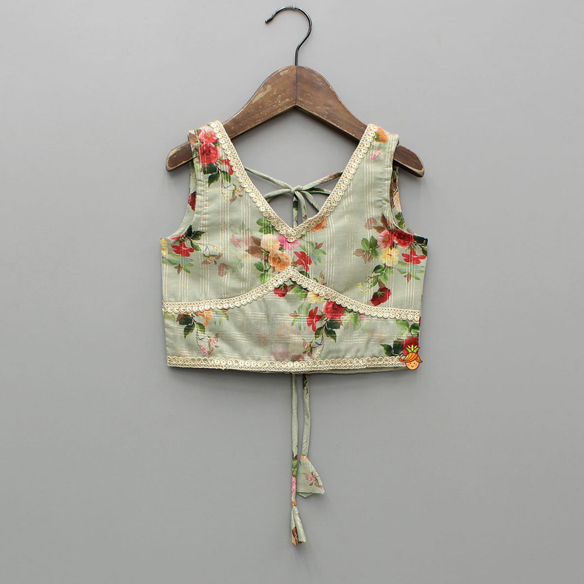 Zari Sequined Floral Printed Sage Green Top And Lurex Striped Patiala With Sparkling Dupatta