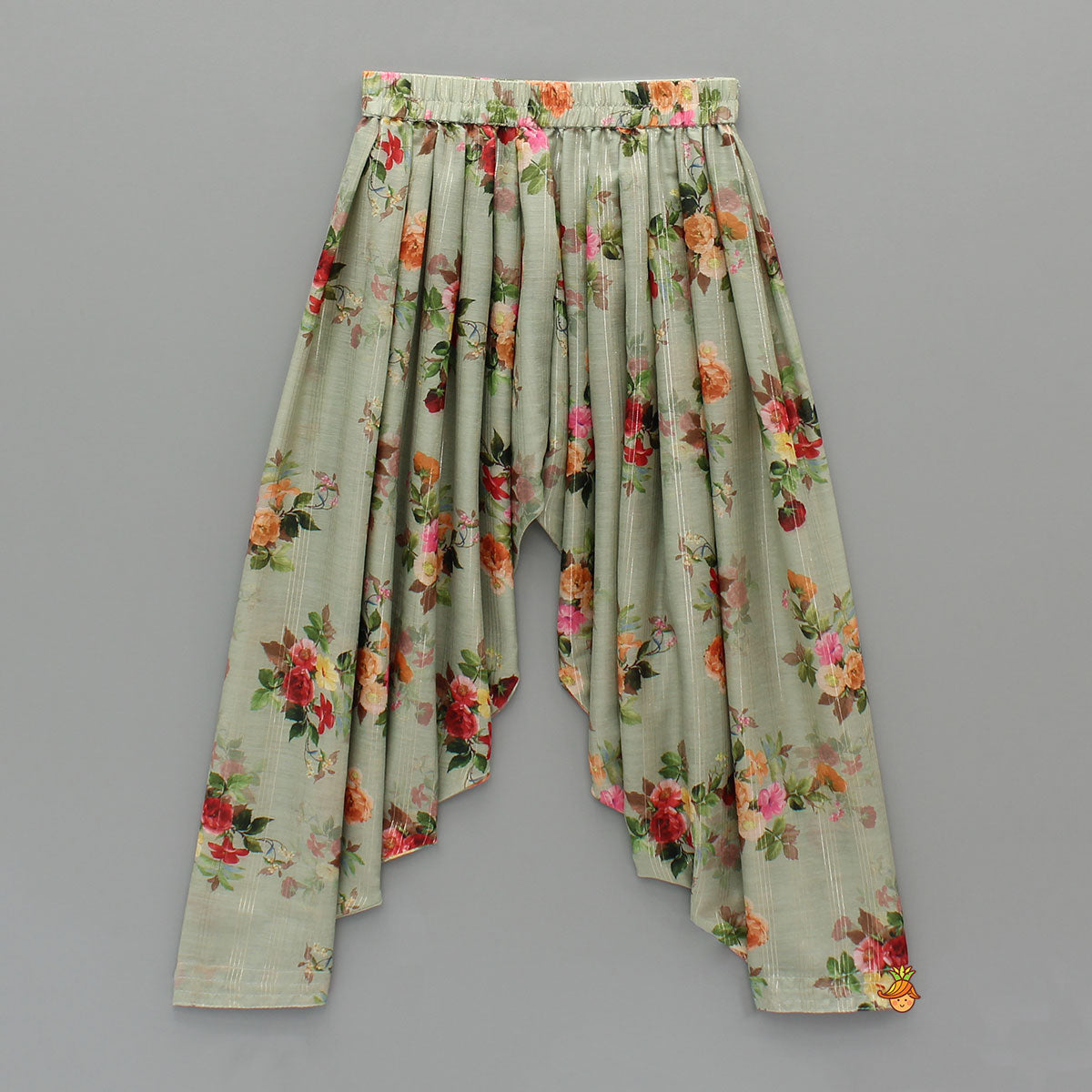 Zari Sequined Floral Printed Sage Green Top And Lurex Striped Patiala With Sparkling Dupatta