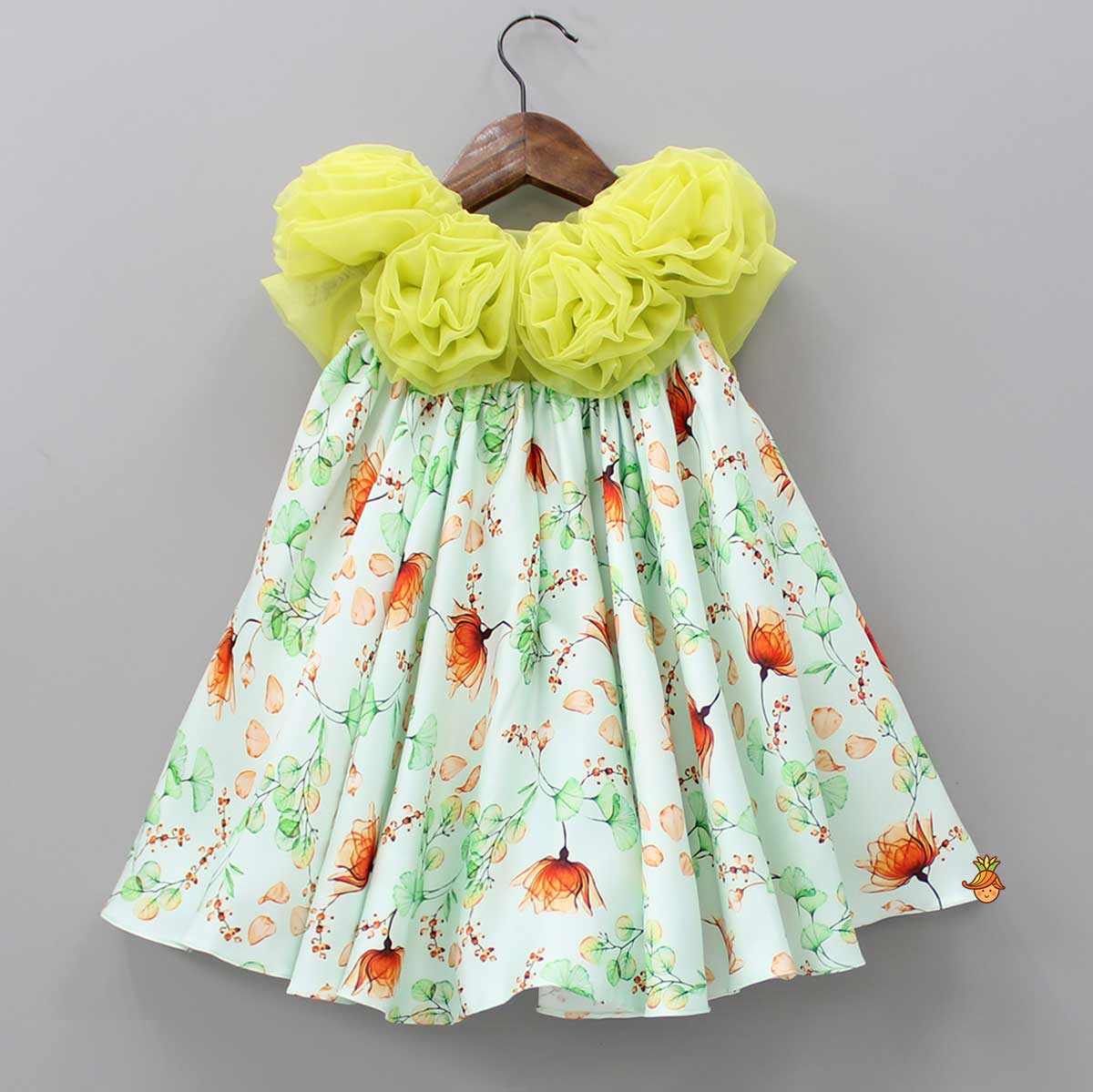 Lime Green Floral Printed Rose Flowers Adorned Dress